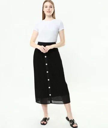 black decorative button midi skirt