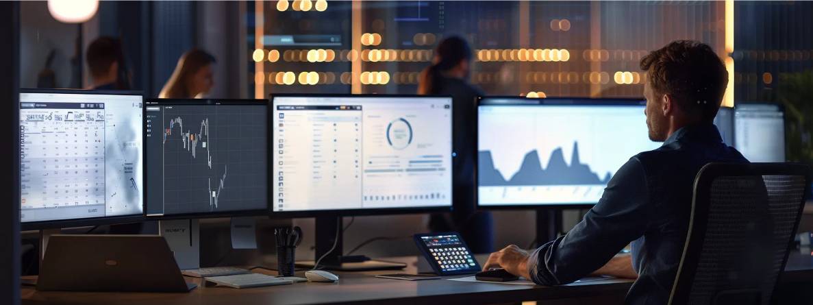 Man using multiple monitors for data analysis, using search as a service in a modern office setting.